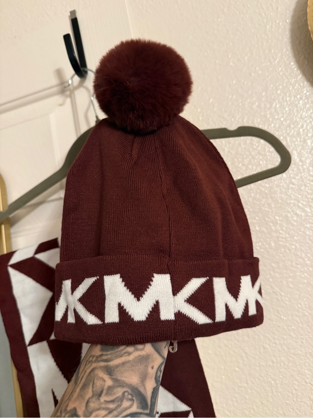 Michael Kors Burgundy and White MK Logo Scarf with Pom Beanie - Picture 4 of 4